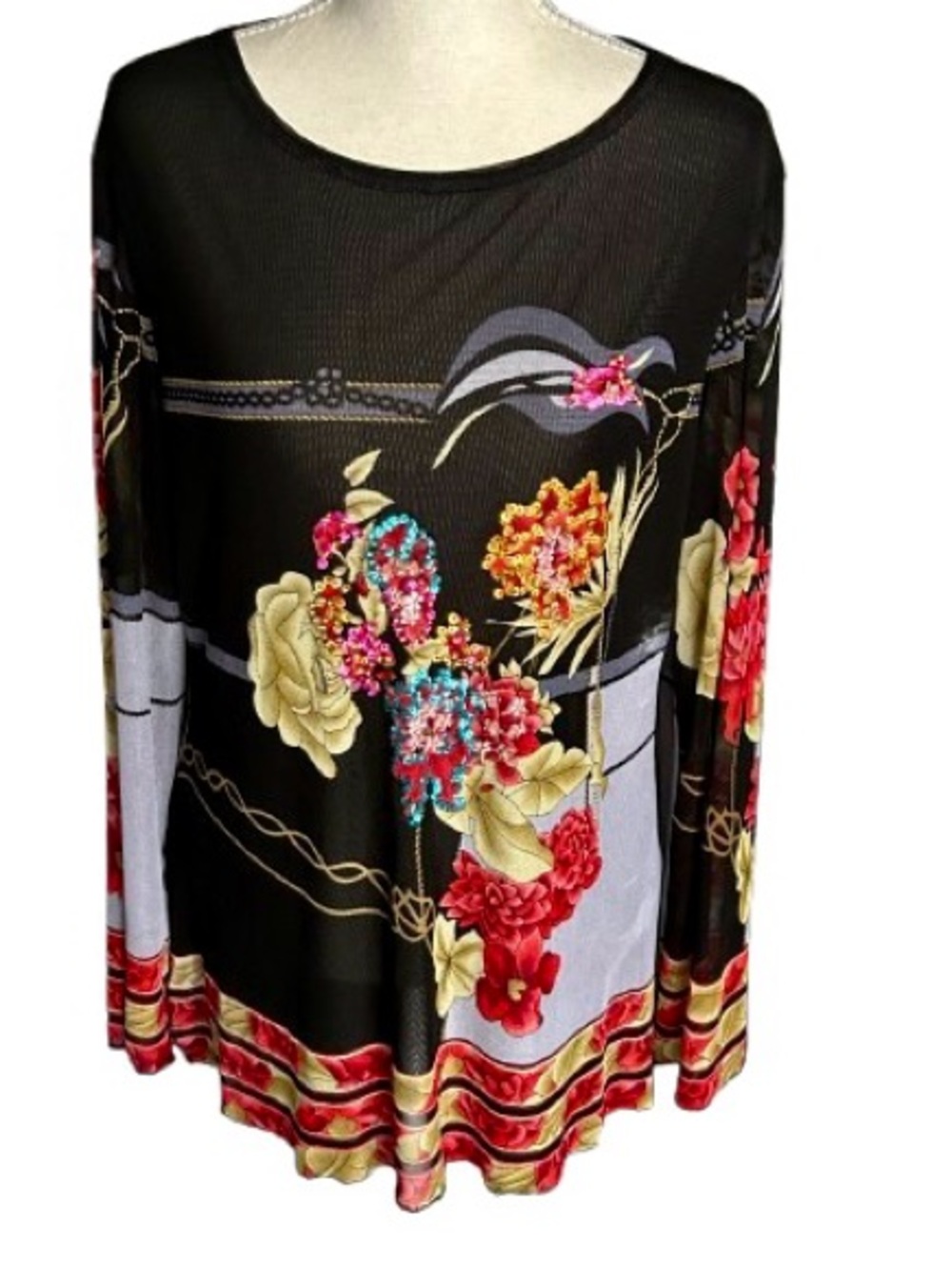 Unbelievable Sparkly Y2K Mesh Sequin Vintage KOKOMO Shirt Top Medium 90s Flowers